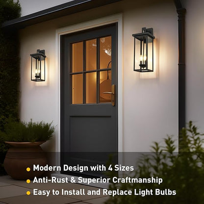 tewei 22 Inch Large Outdoor Wall Lights, Dusk to Dawn Exterior Lighting Fixtures Black Modern Porch Light Outdoor Wall Lantern Sconce Lights for House Garage with Clear Glass Shade, E12 Base, 2 Pack