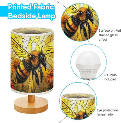 Bee Table Lamp LED 3-Color Pressed Bedside, Bee Shade Lamp with Wood Base for Bedroom Living Room Desk Office TL01