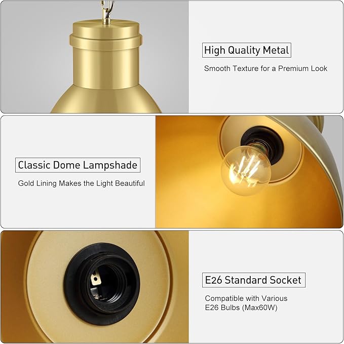 BoostArea Gold Pendant Lights Kitchen Island, 10.6" Large Metal Shade and 70.9'' Adjustable Height, Modern Pendant Lighting Fixtures,Farmhouse Hanging Pendant Light for Kitchen Island/Bar,No E26 Bulb
