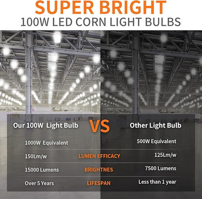 1000W Equivalent Led Corn light bulbs, 15000 Lumen LED Corn Bulb 100W 5000K Daylight White Lamp,E26/E39 Medium Mogul Base,2-Pack Large Area Lights For Outdoor Indoor Warehouse Garage High Bay Lighting