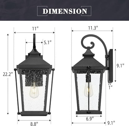 zeyu 22 Inch Outdoor Lights for House, 1-Light Outdoor Wall Sconce for House Porch, Die-Cast Aluminum with Seeded Glass, Black Finish, ZW105B-M BK