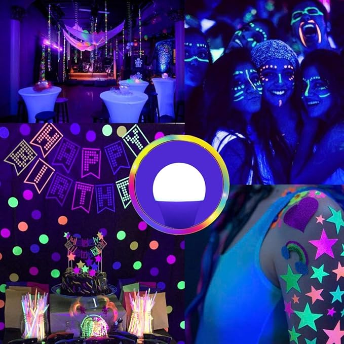 GREENIC UV Led Black Light Bulb 2 Pack, 8W (60W Equivalent) A19 E26 Blacklight Bulb UVA Level 385-400nm, Glow in Dark for Body Paint Club Party Neon Posters