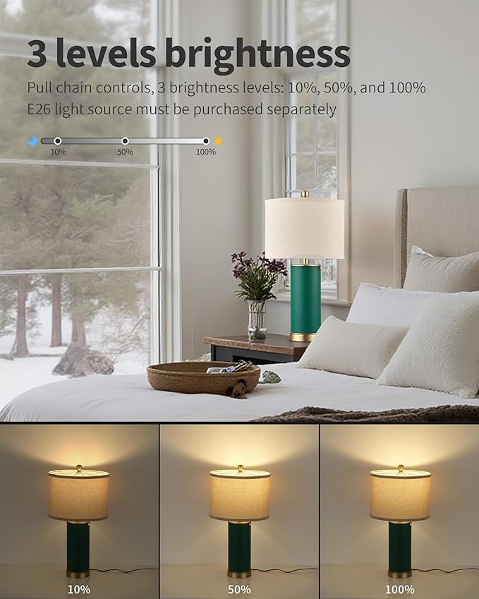 KDG 23.4" Green PU Leather Table Lamps for Living Room Set of 2, 3 Level Brightness LED Modern Home Decor Fabric Lampshade Desk Lamp Lighitng for Bedroom, Bedside, Farmhouse, Nightstand, Night Light