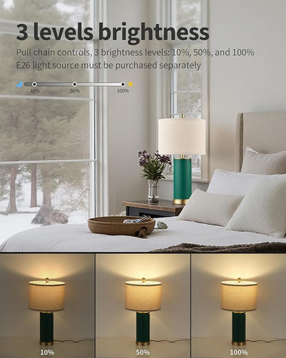 KDG 23.4" Green PU Leather Table Lamps for Living Room Set of 2, 3 Level Brightness LED Modern Home Decor Fabric Lampshade Desk Lamp Lighitng for Bedroom, Bedside, Farmhouse, Nightstand, Night Light