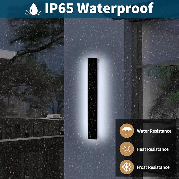 23.6inch Modern Outdoor Wall Light, Black Linear Long LED Wall Sconce, 6000K Cold White, 24W, IP65 Waterproof, Exterior Garage Lighting Fixture for Porch, Patio, Yard, House, Garden