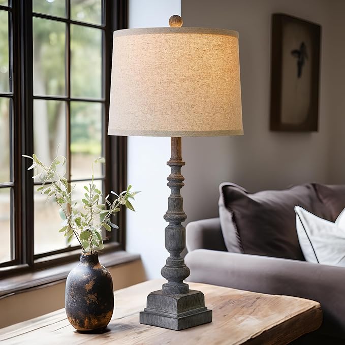 Oneach 27.75" Farmhouse Table Lamps Set of 2, USB A+C, Rustic Tall Table Lamp for Living Room, Traditional Rustic Lamps Bedside Lamps for Bedroom Office End Table, Antique Grey