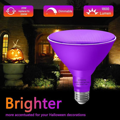 PAR38 Flood Lights Outdoor,Dimmable LED Flood Light Bulbs,20W(Equivalent to 200W),E26 Base,Outdoor Porch,Holiday Lighting,LED Flood Light Bulb for Halloween,Christmas,4 Pack Purple