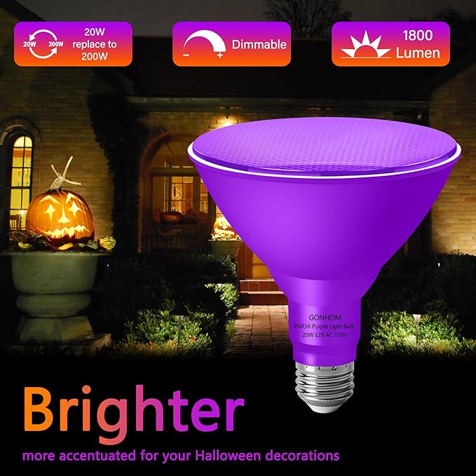 PAR38 Flood Lights Outdoor,Dimmable LED Flood Light Bulbs,20W(Equivalent to 200W),E26 Base,Outdoor Porch,Holiday Lighting,LED Flood Light Bulb for Halloween,Christmas,2 Pack Purple