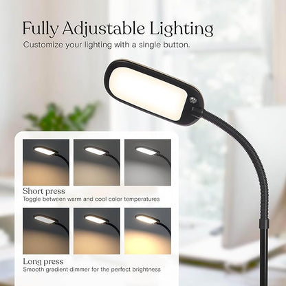 Brightech Litespan Slim LED Floor Lamp - Modern Reading Light Over Chair for Living Rooms & Offices, Tall With Adjustable Gooseneck, Crafts Work Light, Dimmable Standing for Bedroom - Wood