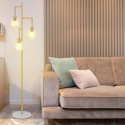 Mid-Century Modern Floor Lamp with Gold Flower Glass Shade - Vintage Brass Tree Standing Light for Living Room, Bedroom, Reading Book - Farmhouse, Bohemian, Boho Chic Home Decor