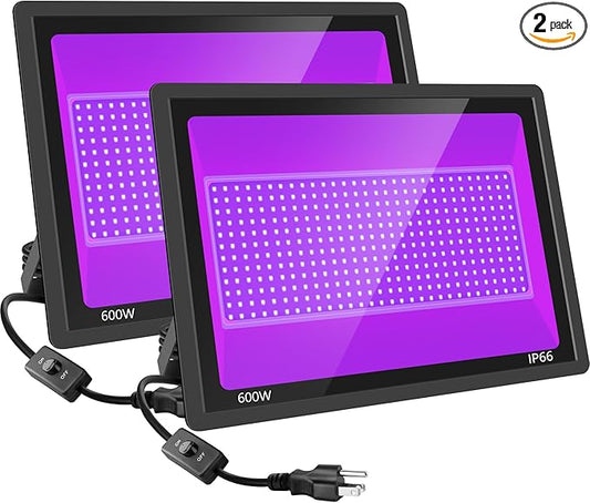 2 Pack 600W LED Black Lights, Blacklight Flood Light with Plug, IP66 Waterproof, for Dance Party, Glow in The Dark, Stage Lighting, Aquarium, Body Paint, Fluorescent Poster, Neon Glow