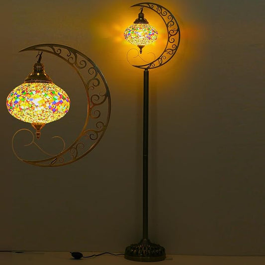3D Crescent Moon Turkish Floor Lamp - 60 Inch Boho Lamp, 8 Inch Stained Glass Shade, Handmade for Living Room, Bulb Included (Multicolor,YUELFL-03)