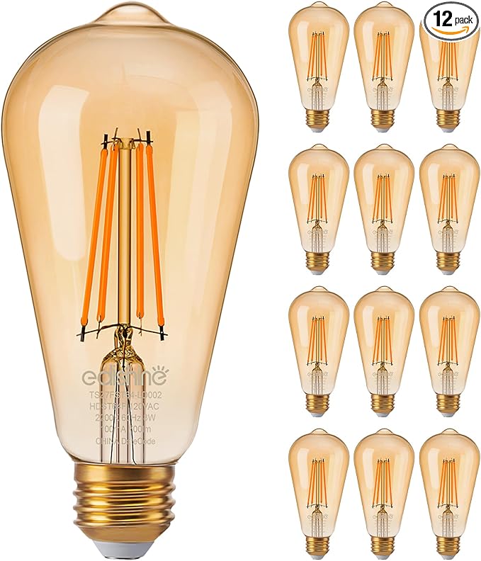 EDISHINE 12 Pack Vintage LED Edison Bulbs 8W Equivalent 60W, ST64 Dimmable Led Light Bulbs, 700LM 2200K Amber Warm Light E26, Decorative Antique LED Filament Bulbs for Home and Commercial, UL Listed