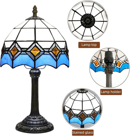 Blue and White Lamp Small Tiffany Lamps Bedside for Bedroom Dector Light Stained Glass Table Lamp Living Room Night Lamp Farmhouse Cute 8 Inch Aesthetic Mediterranean Mosaic Nightstand Desk Lamps E26