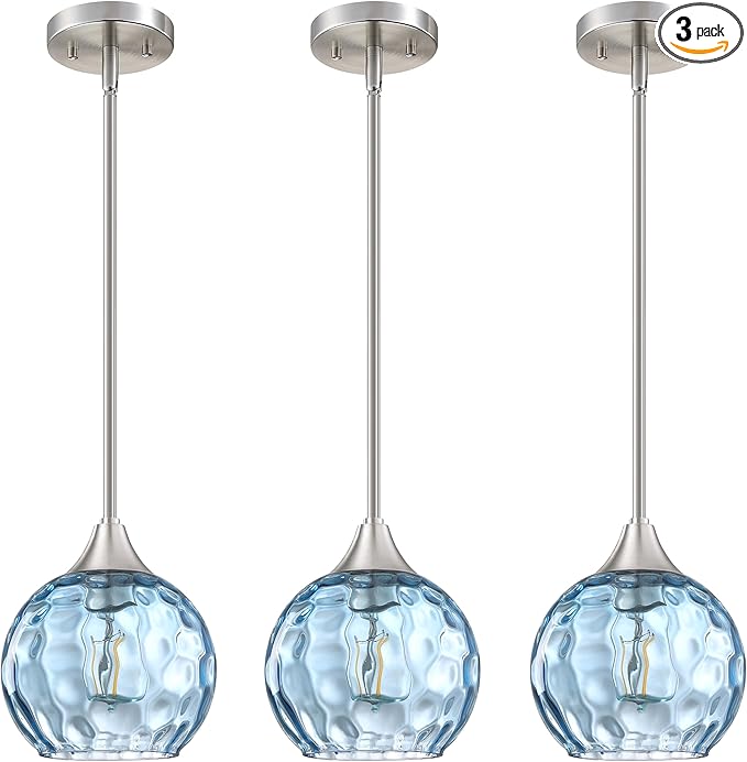 Hanging Modern Farmhouse Pendant Light Fixture,6.3" Hammer Globe Blue Glass 3 Pack Mini Pendant Lighting Brushed Nickel Finish for Kitchen Island Dinning Over Sink Living Room Decor