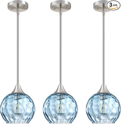 Hanging Modern Farmhouse Pendant Light Fixture,6.3" Hammer Globe Blue Glass 3 Pack Mini Pendant Lighting Brushed Nickel Finish for Kitchen Island Dinning Over Sink Living Room Decor