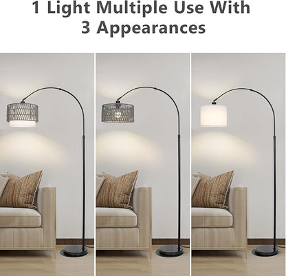 Boho Floor Lamps for Living Room, Arc Floor Lamp for bedroom with Remote and Dimmable Bulb, Over Couch Standing Lamp, Farmhouse Tall Lamp with 3 Color Temperatures, Height Adjustable Corner Floor Lamp