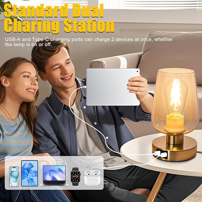 Touch Bedside Table Lamp with Glass Shade, Gold Modern Small Lamp for Bedroom Living Room Nightstand, 3 Way Dimmable Desk Lamp with USB C+A+AC Outlet Charging Ports, 800LM LED Bulb Included