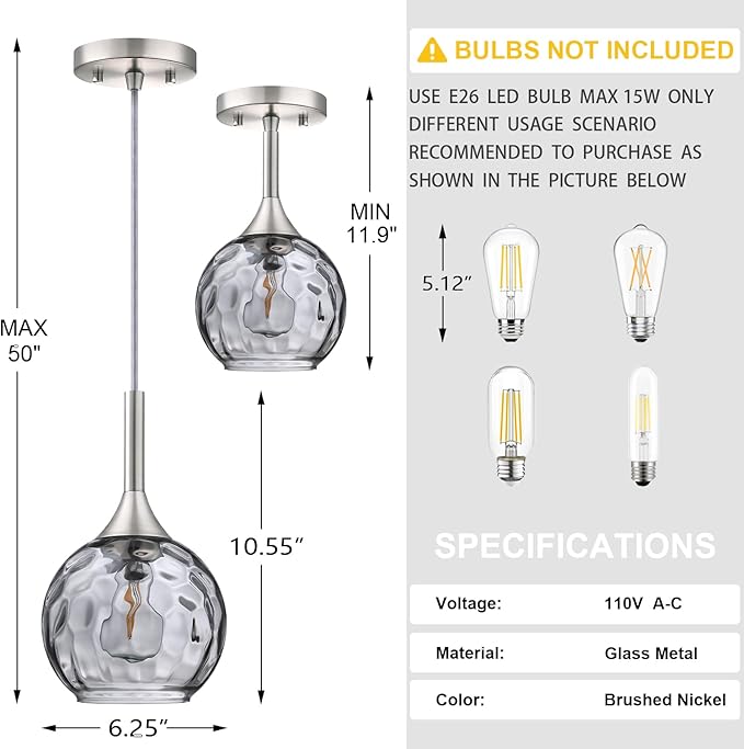 Doraimi Lighting 6.3" Gray Glass Pendant Light 3 Pack Pendant Ceiling Light Fixtures Brushed Nickel Finish Modern Farmhouse Dinning Over Sink Adjustable Height Rod