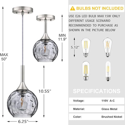 Doraimi Lighting 6.3" Gray Glass Pendant Light 3 Pack Pendant Ceiling Light Fixtures Brushed Nickel Finish Modern Farmhouse Dinning Over Sink Adjustable Height Rod