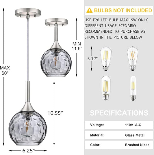 Doraimi Lighting 6.3" Gray Glass Pendant Light 3 Pack Pendant Ceiling Light Fixtures Brushed Nickel Finish Modern Farmhouse Dinning Over Sink Adjustable Height Rod
