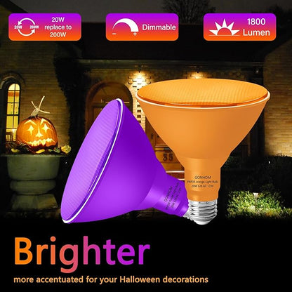 PAR38 Flood Lights Outdoor,Dimmable LED Flood Light Bulbs,20W(Equivalent to 200W),E26 Base,Outdoor Porch,Holiday Lighting,LED Flood Light Bulb for Halloween,Christmas,4 Pack Orange Purple