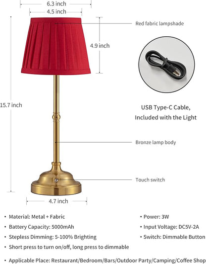 KDG Cordless LED Table Lamp Set of 2, Portables Fabric Shade Desk Lamps, 4000mAh Rechargeable Battery Powered Lighting, Dimmable Light for Dining Room, Bedroom, Bedside, Night Light, Balcony (Red)