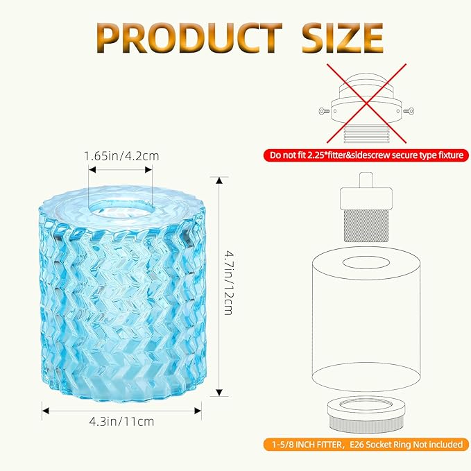 1Pack Corrugated Blue Glass Lamp Shades with 1-5/8 inch Fitter, Cylinder Glass Shade Covers Replacement Globe for Pendant Light fixtures Bathroom Vanity Lights Wall Sconces
