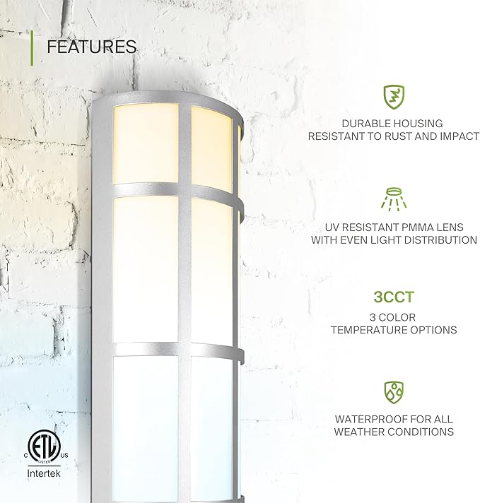 ASD 24 Inch LED Outdoor Wall Mount Light Fixture with Grid - Brushed Nickel Modern Wall Sconce - 25W 120-277V 3000K 4000K 5000K Adjustable - Dimmable Exterior Lights - Front Door, Patio - ETL