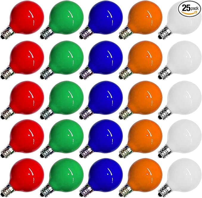 SUNSGNE G40 Multicolor Christmas Replacement Light Bulbs, 25 Pack Round Colorful Christmas Bulbs, 1.57 Inch Globe Xmas Light Bulbs, E12/C7 Candelabra Base Light Bulb for Indoor Outdoor Decor- 5 Watt