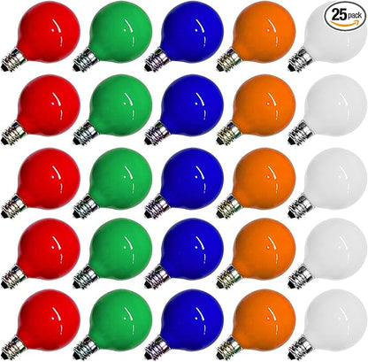 SUNSGNE G40 Multicolor Christmas Replacement Light Bulbs, 25 Pack Round Colorful Christmas Bulbs, 1.57 Inch Globe Xmas Light Bulbs, E12/C7 Candelabra Base Light Bulb for Indoor Outdoor Decor- 5 Watt