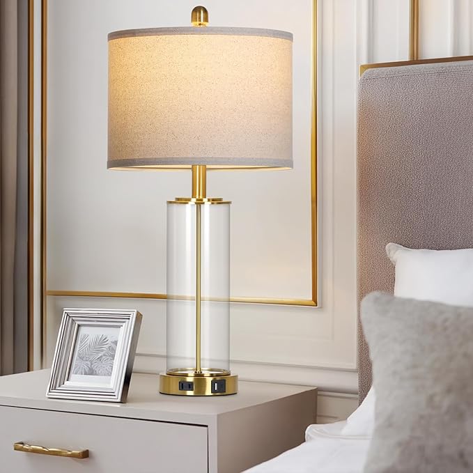 26 Inch Gold Glass Table Lamp Single, 3-Way Dimmable Touch Lamp for Living Room, Modern Bedroom Lamp with USB C+A Ports & Outlet, Classic Bedside Brass Lamp for Nightstand Side End Table Decoration