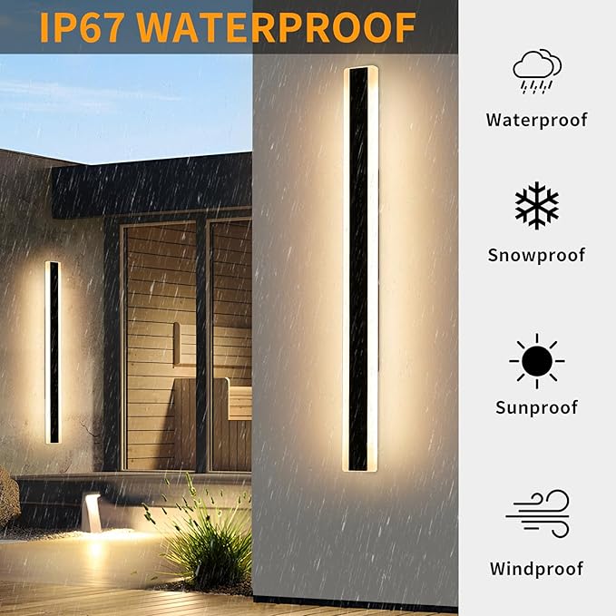 Mikeru 2Pack 57inch Outdoor Wall Light Fixtures, 3000/4500/6000K 3 Color Modern Black Linear Wall Lights Front Porch Light Wall Mounted Led Lighting for Basement, Shop,Garage Non-Dimmable