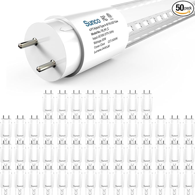 Sunco 50 Pack T8 LED Bulbs 4 Foot, 48 Inch Tube Light Bulbs Fluorescent Replacement, Single or Double Ended Hybrid Type A+B, 2400 LM, 20W, 5000K Daylight, Clear Lens ETL.