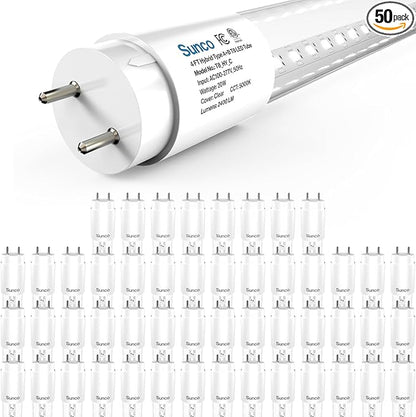 Sunco 50 Pack T8 LED Bulbs 4 Foot, 48 Inch Tube Light Bulbs Fluorescent Replacement, Single or Double Ended Hybrid Type A+B, 2400 LM, 20W, 5000K Daylight, Clear Lens ETL.