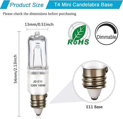 4 Pack JDE11 Bulb,120V 100W Halogen Candelabra Bulbs,T4 Mini Base JD E11 Bulb ,Dimmable 2700K Warm White（Replacement E11 LED bulb,for Chandeliers,Candelabra,Ceiling Fan, Table Lamps, Cabinet Lighting