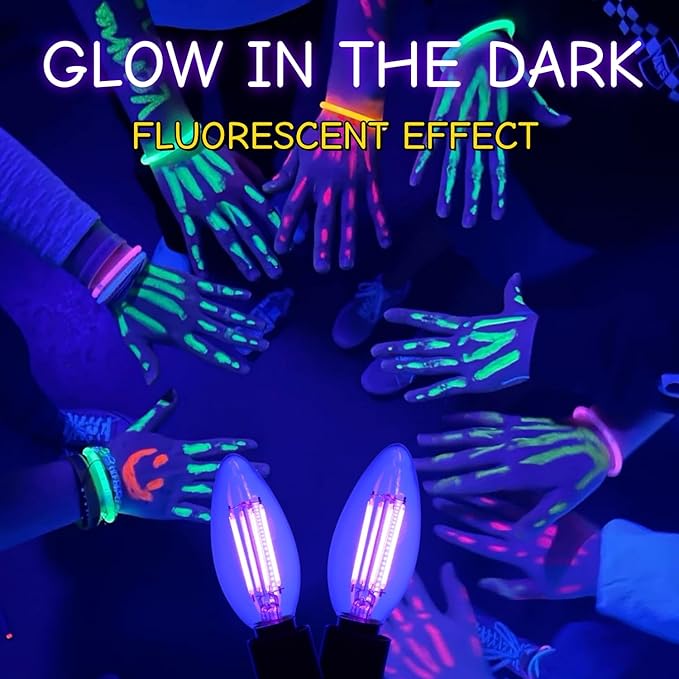 6 Pack Filament LED Candle Black Light Bulbs, 5W C35/B11 E12 Base,UVA Level 390-400nm, Glow in The Dark for Halloween Party, Body Paint, Neon Glow, Fluorescent Posters Decor