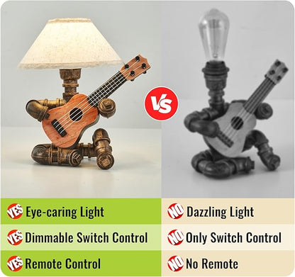 Vintage Industrial Robot Guitar Table Lamp with Bulb - Remote Control,Timer,Dimmable - Cool Gifts for Music Lovers,Men,& Musicians - Steampunk & Retro Style Bronze