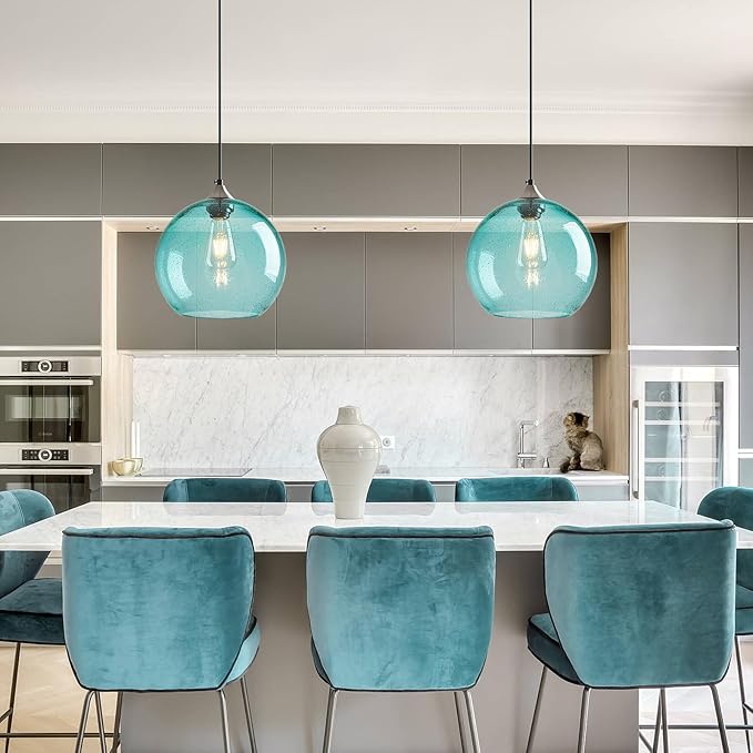 Light Blue Glass Pendant Lights Kitchen Island Globe Pendant Light Fixtures Modern Pendant Lighting for Bedroom Living Dining Room Light Fixture (9.84 in, 1 Pack)