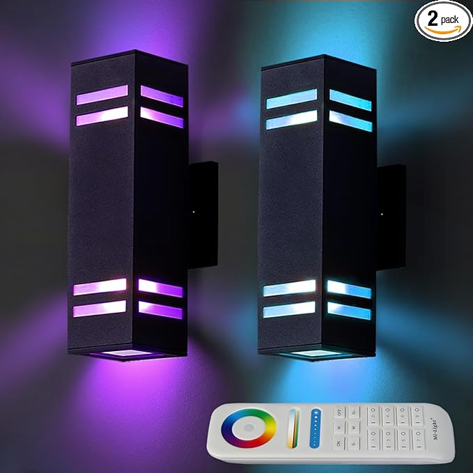 Up Down Wall Sconce RGB Color Changing Lights 1200lm, Dusk to Dawn Outdoor Lighting Fixture 2 Pack, Milight Remote Control Smart Exterior Lights with Tunable White 2700k-6500k (ETL Listed)