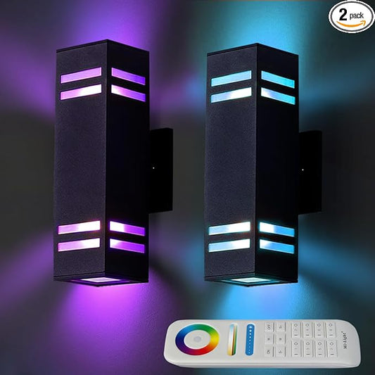 Up Down Wall Sconce RGB Color Changing Lights 1200lm, Dusk to Dawn Outdoor Lighting Fixture 2 Pack, Milight Remote Control Smart Exterior Lights with Tunable White 2700k-6500k (ETL Listed)