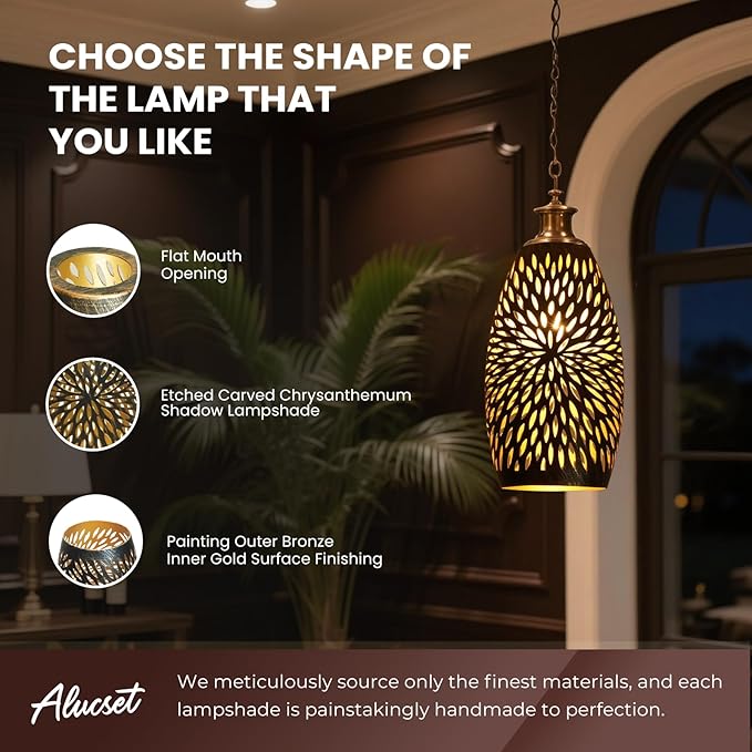 Pendant Light Shade Replacement, Metal Lampshade with 1-5/8" Fitter, 7.8" Height and 4.7" Diameter Etched Hollowed Lamp Shade, Antique Bronze Oval Shaped Cover for Chandelier Pendant Light Wall Lamp