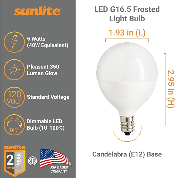 Sunlite G16.5 Light Bulb LED, 5W (40W Equiv.), 350 Lumens, Dimmable, Type G Globe Shape E12 Candelabra Base, Short Bulbs, Vanity Mirror Bulbs, 4000K Cool White, Frosted, 6 Count