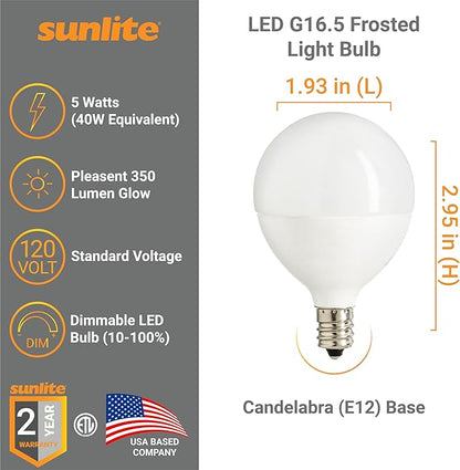 Sunlite G16.5 Light Bulb LED, 5W (40W Equiv.), 350 Lumens, Dimmable, Type G Globe Shape E12 Candelabra Base, Short Bulbs, Vanity Mirror Bulbs, 4000K Cool White, Frosted, 6 Count