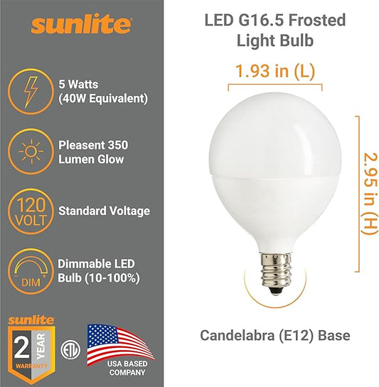 Sunlite G16.5 Light Bulb LED, 5W (40W Equiv.), 350 Lumens, Dimmable, Type G Globe Shape E12 Candelabra Base, Short Bulbs, Vanity Mirror Bulbs, 4000K Cool White, Frosted, 6 Count