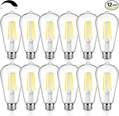 12Packs ST64 Large Vintage LED Edison Bulbs, 60W Equivalent 7W, 800Lumens, Dimmable Antique LED Filament, 5000K Cool White, E26 Medium Base Light Bulbs High Brightness Clear Glass for Bedroom Office