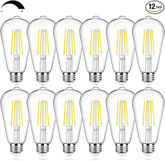 12Packs ST64 Large Vintage LED Edison Bulbs, 60W Equivalent 7W, 800Lumens, Dimmable Antique LED Filament, 5000K Cool White, E26 Medium Base Light Bulbs High Brightness Clear Glass for Bedroom Office