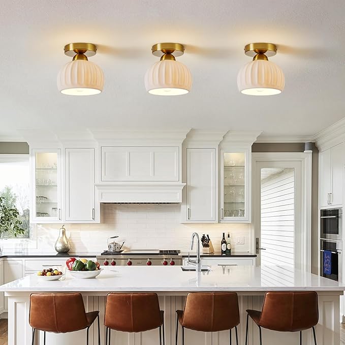 Vintage Ceramic Semi Flush Mount Ceiling Light - 2 Pack, Gold Hallway Light Fixtures, White Globe Ceiling Lights,Mid Century Small Chandelier Light Fixture for Cottage Entryway Laundry Room Kitchen