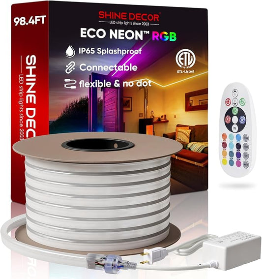 Shine Decor LED RGB Neon Rope Lights AC 120V, Expandable & Cuttable Bright Strip Lighting with Remote, Dimmable Color Changing, ETL Cold-Resistant & IP65 Waterproof for in&Outdoor, 10x20mm, 98.4FT