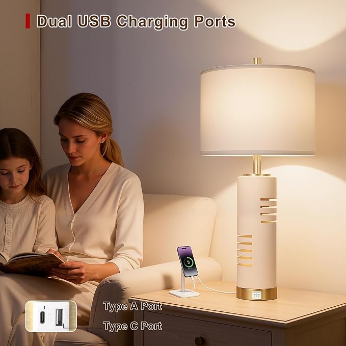 27.5" Faux Stone Table Lamps Set of 2 with Night Light, Farmhouse Lamps for Living Room with USB A+C Ports, Bedside Table Lamps with Linen Shade for Bedroom Nightstand Office (Bulb Included)